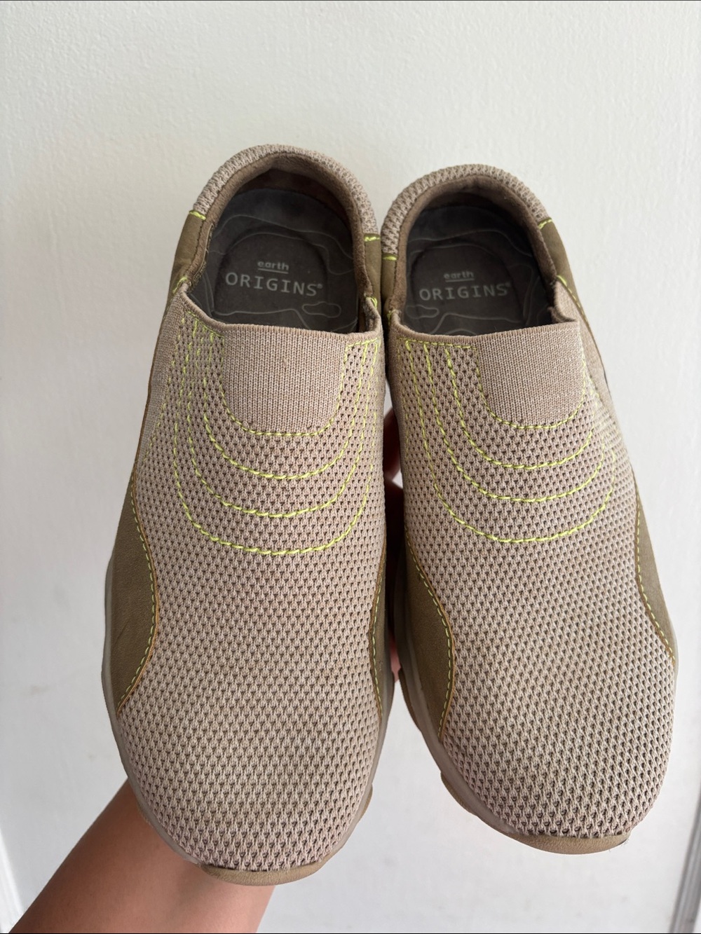 Origins Women's Knit Slip-On Loafers in Beige with Olive Trim
